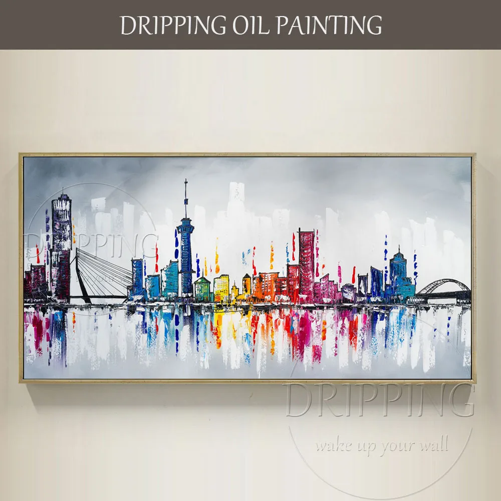 Artist Handmade High Quality Abstract Colorful City Oil Painting on Canvas Beautiful Skyline Oil Painting for Wall Decoration