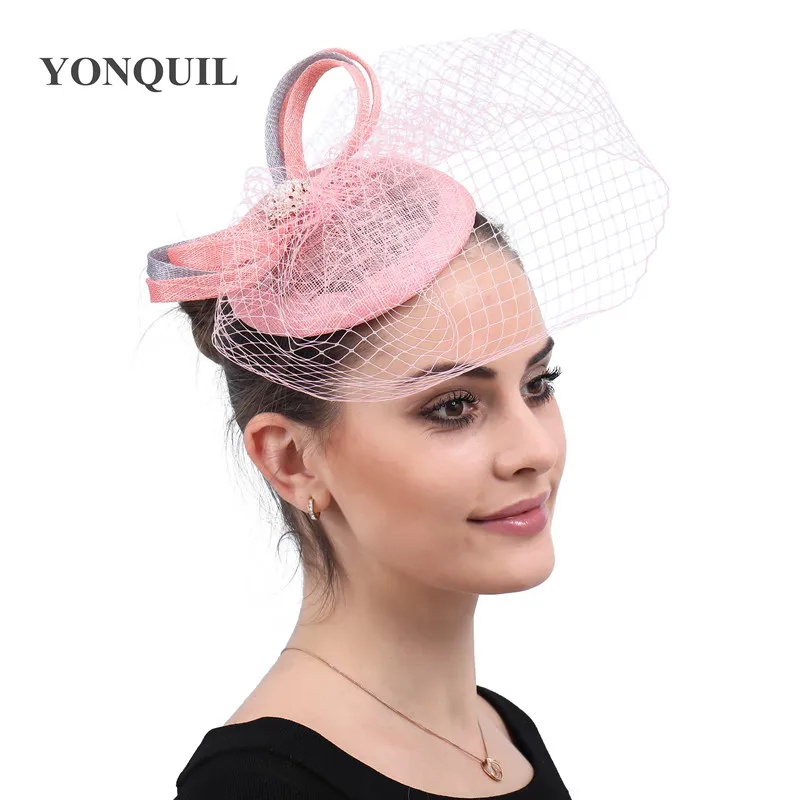 Sinamay Veil Fascinators kapelusz opaska na imprezę dla kobiet ślub francuski siateczkowy do włosów panna młoda pióra szpilki do włosów