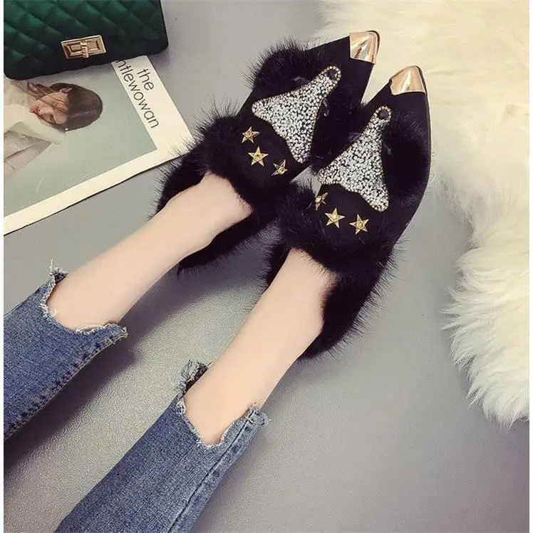 Autumn/Winter Pointed Toe Women Flats Shoes Crystal Plush Women Slip-On PU Casual Flat Shoes Women Plush Flat Shoes