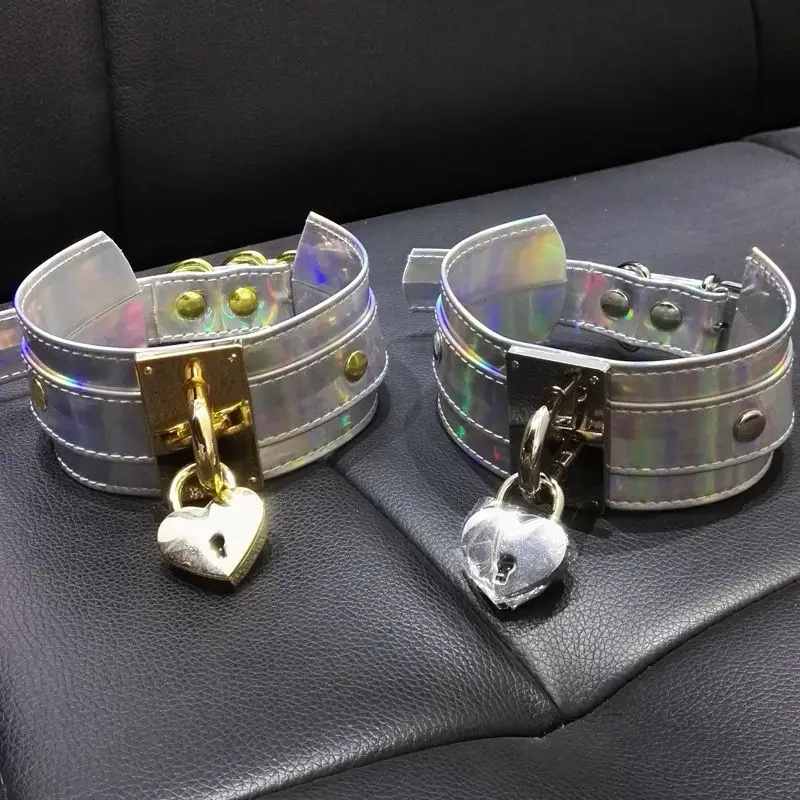 Chic Women Girl 100% Handcrafted Holographic Choker Lockable Gold Lock Key Padlock Collar Laser Necklace