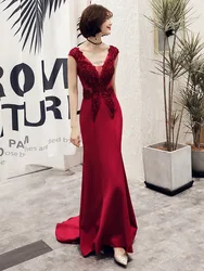 2019 New Mermaid Evening Dress Appliques Beading V-neck Sweep Train Wine Red Prom Party Dress Robe De Soiree Haute Couture