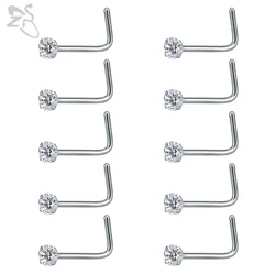ZS 10pcs/lot 20G Nose Piercing For Men Women 316L Stainless Steel Nose Rings Clear CZ Crystal L-shape Nostril Piercing Jewelry