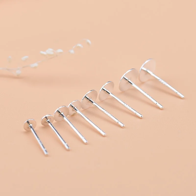 10pcs Real Solid 925 Sterling Silver Earring Stud Needle Post Flat Base Pins 3~8mm Silver Settings DIY Jewelry Making Findings