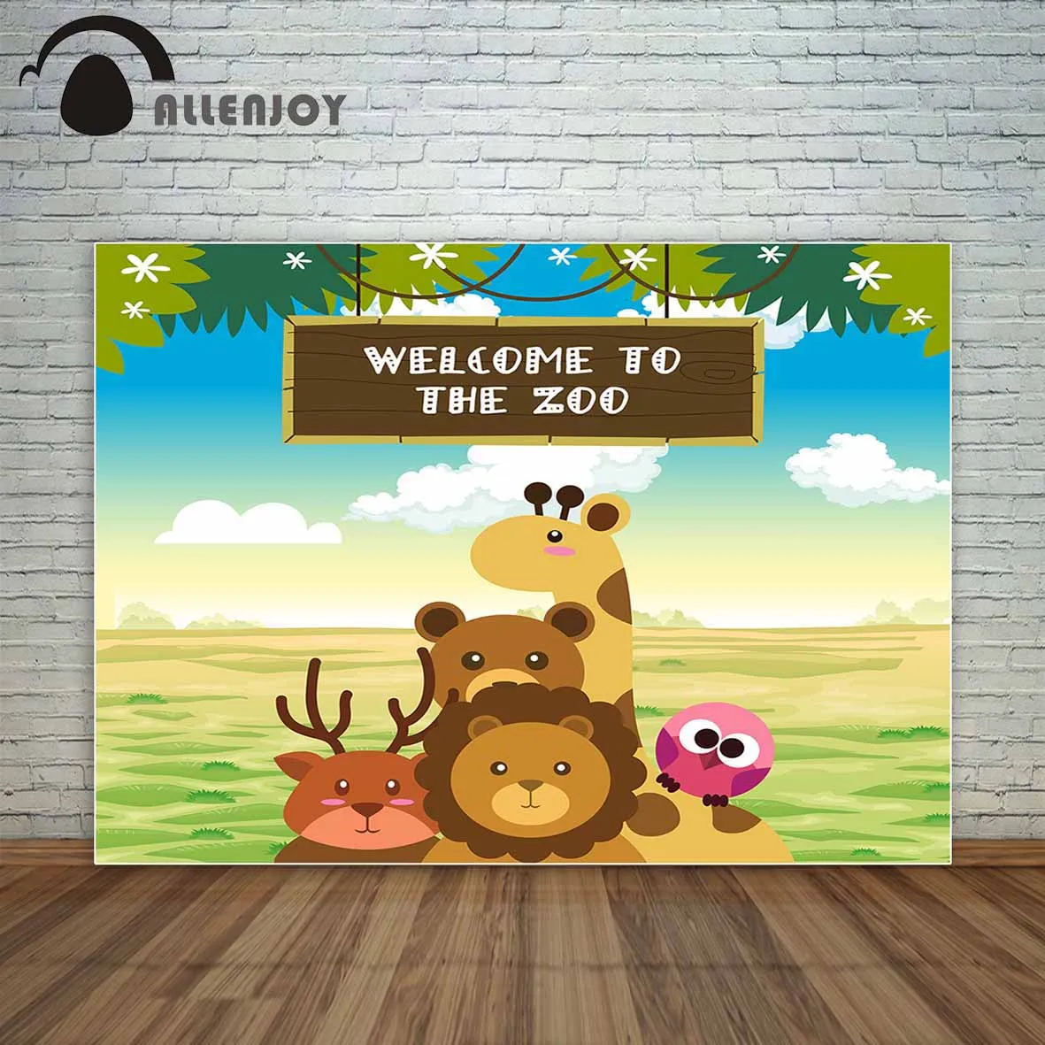 Allenjoy Zoo with cute wild animals on savannah children party backdrop clouds decoration decorations photocall a photo