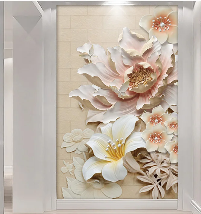 

3D Embossed Wallpaper Birds White flower Photo Mural Entrance Modern Wallpapers for Living Room Wall Paper Murals Custom Size