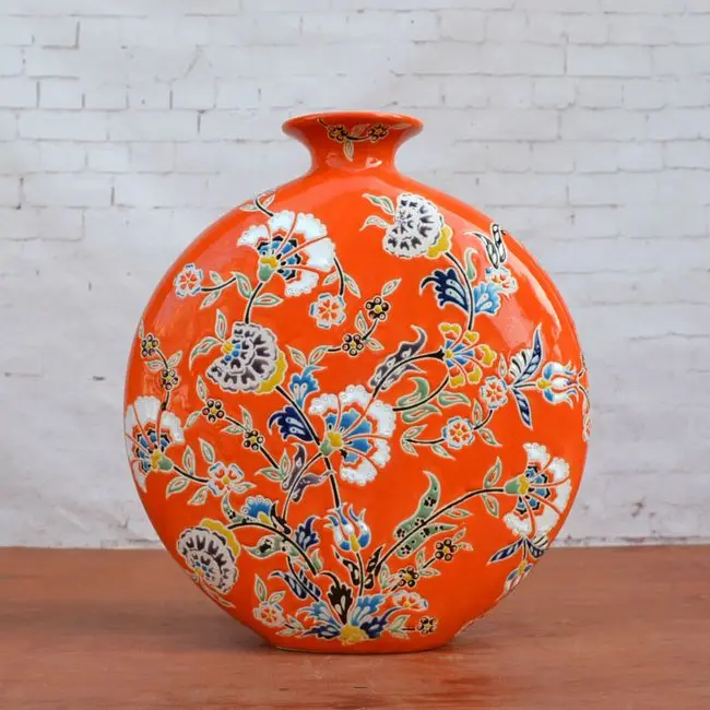 

Tao Caicai, European style sculpture ceramic flower porcelain ornaments small orange Home Furnishing flat bottle of soft decorat