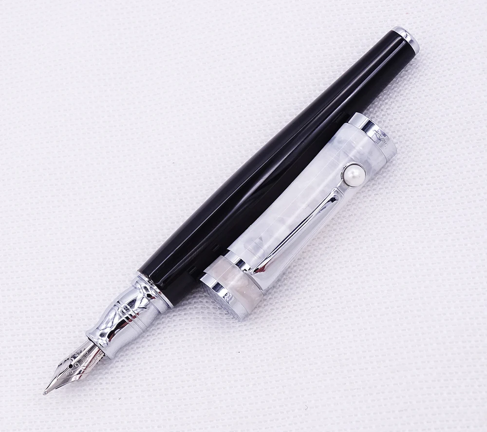 Fuliwen Celluloid Fountain Pen Black Barrel & Snowy Cap , Fine Nib Fashion Writing Gift Pen Business Office Home School Supplies