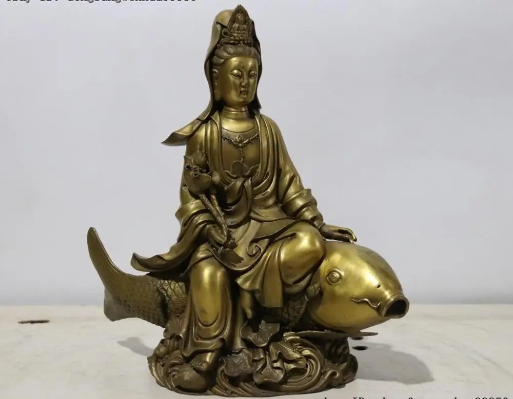 

China Brass Copper Ride Fish Kwan-yin Guanyin Bodhisattva Goddess Buddha Statue