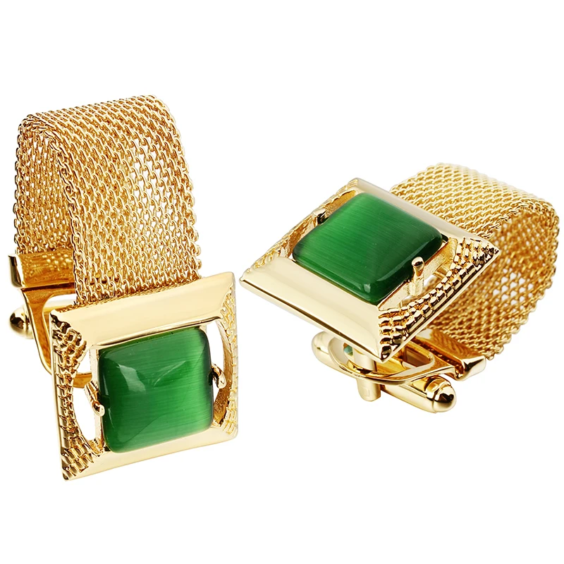 HAWSON Mens Cufflinks with Chain - Stone and Shiny Gold Tone Shirt Accessories - Party Gifts for Young Men (Cats Eye)