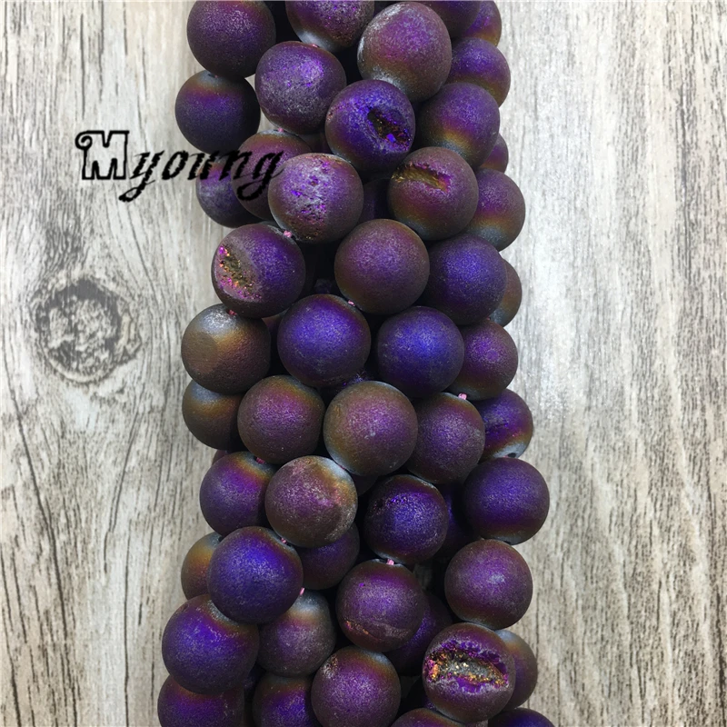 

Natural Purple Titanium Druzy Agates Geode Beads,Matte Round Loose Beads,15.5" Metallic Coated Beads For Jewelry Making, MY1619