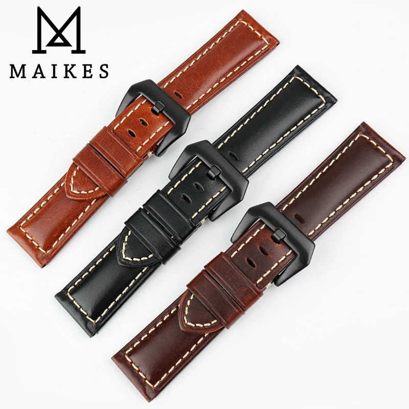 MAIKES Hot Selling Watch band Genuine Cow Leather Watch Strap 26mm 24mm 22mm Watch Accessories Black Watchband For Panerai