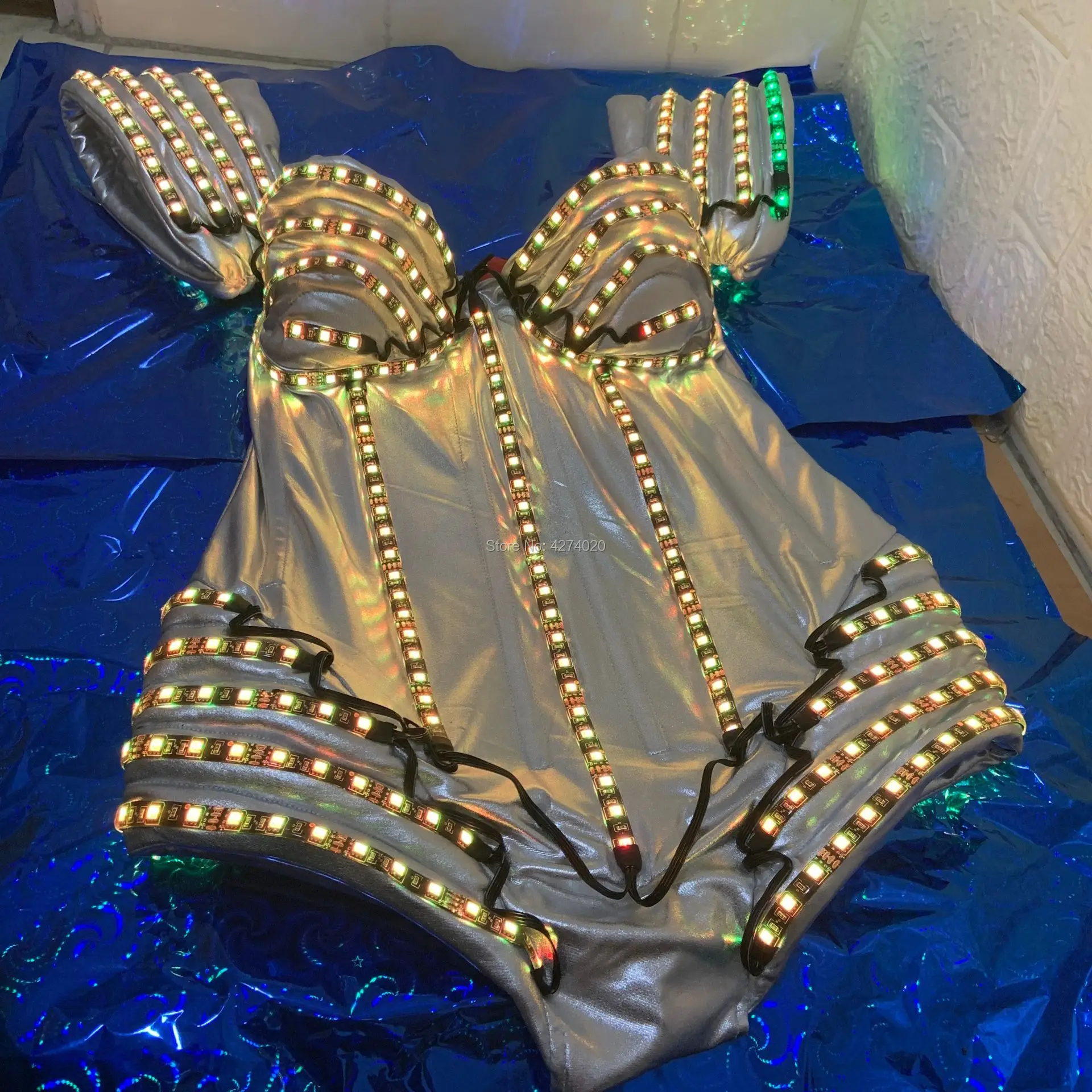 ไนท์คลับผู้หญิงนักร้อง lumious bodysuit RGB LED Light ชุดราตรีเรืองแสงกระพริบห้องบอลรูมเครื่องแต่งกายเต้นรําสวมเสื้อผ้า