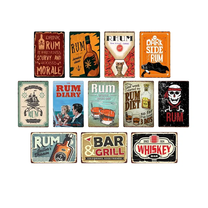 Rum Wine Vintage Metal Tin Signs Whiskey Rhum Wall Poster Pub Bar Decoration Retro Art Plate 20x30cm