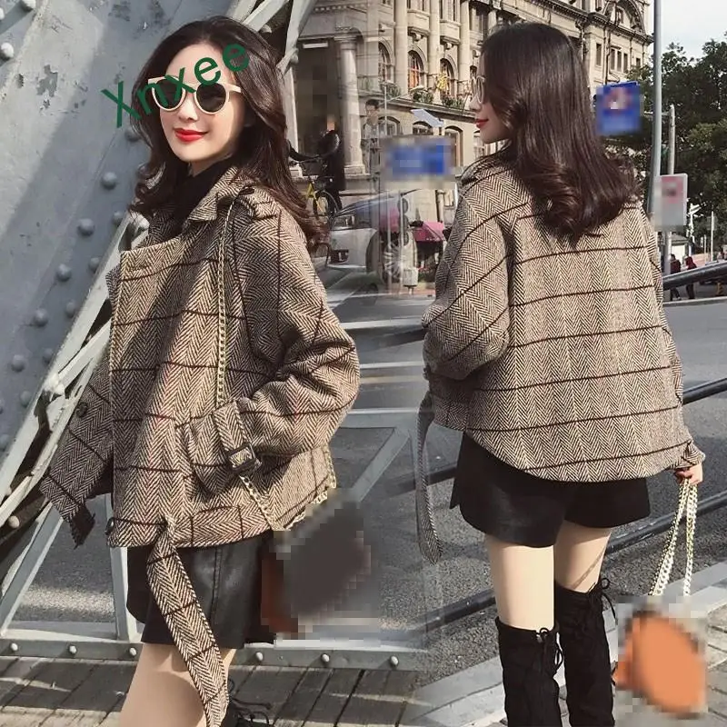 

Xnxee 2019 New Autumn Women Plaid Jacket Outerwear Double-Breasted Short Blends Coat Sashes Retro Thin Wool Lattice Coat