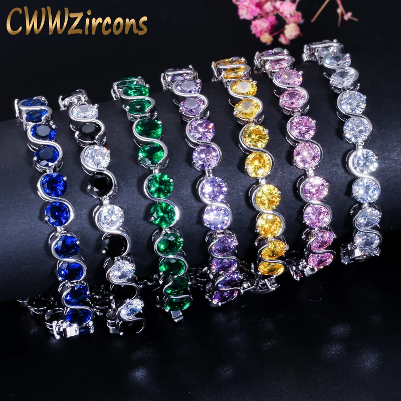 CWWZircons 7 Color Options Round Cut CZ Tennis Women Bracelet with Pink Purple Crystal Fashion Cubic Zirconia Jewelry CB180