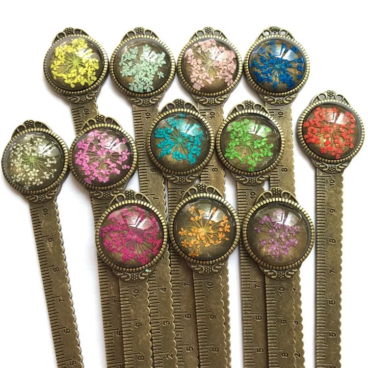1 Piece Creative Retro Metal Bookmark Ruler Colorful Flower Bookmarks with Glass Gems As Book Page Marker School Supplies