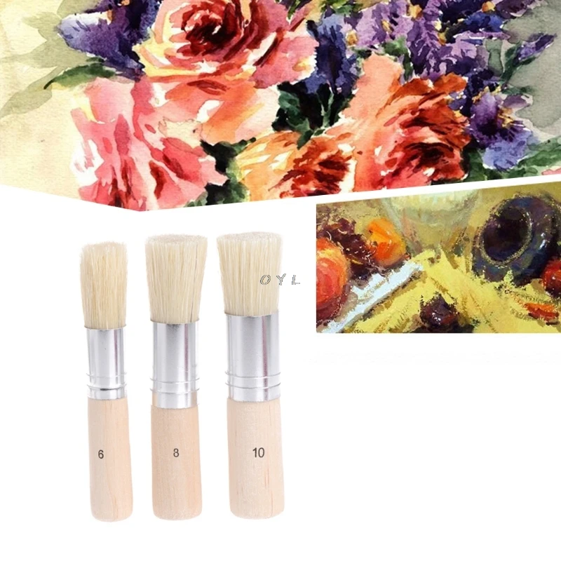 3Pcs Wooden Stencil Brush Hog Bristle Brushes Acrylic Watercolor Oil Painting for Child painter