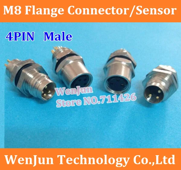 Free Shipping  M8 flange / socket 4 Pin 4 core male connector 100PCS/LOT 4PIN sensor hole type / wall panel