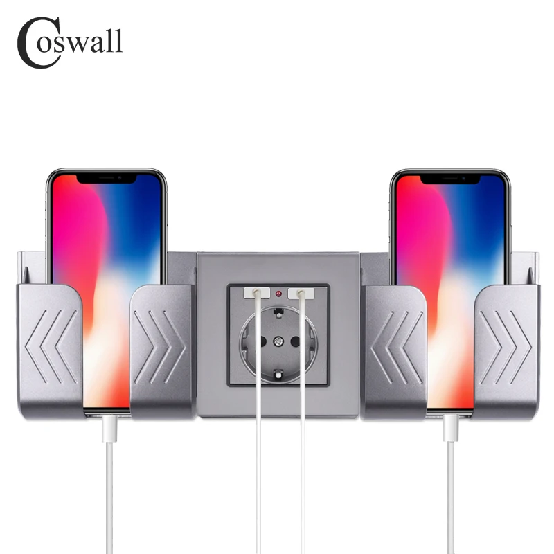 COSWALL Dual USB Charging Port 16A Wall EU Russia Socket Power Outlet Glass Panel PC Panel Matte Grey Color