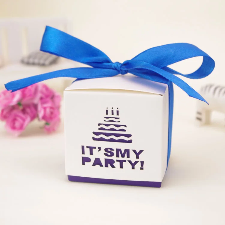 

100pcs Birthday Cake Wedding Gift Candy Box With Ribbon Baby Shower Birthday Christmas Gift Packaging Paper Box Party Supplies