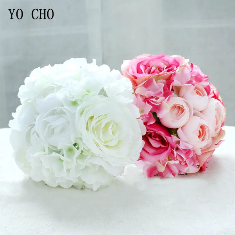 YO CHO Wedding Bouquet Silk Pink Roses Hydrangea Peony Flower Artificial Wedding Bouquet for Bridesmaid Bridal Marriage Supplies