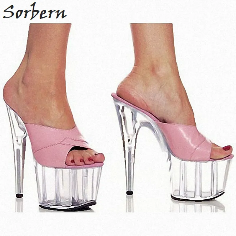 

Sorbern Sweet Pink Clear High Heels 15cm/5cm Platform Women Slippers Summer 2018 New Shoes Slides Women Open Toe Slippers