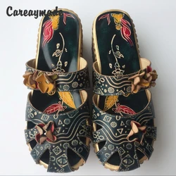 Careaymade-scarpe intagliate a mano in pura pelle bovina con strato di testa in stile Folk, le scarpe da ragazza mori di arte retrò, casual da donna Sandals958-1