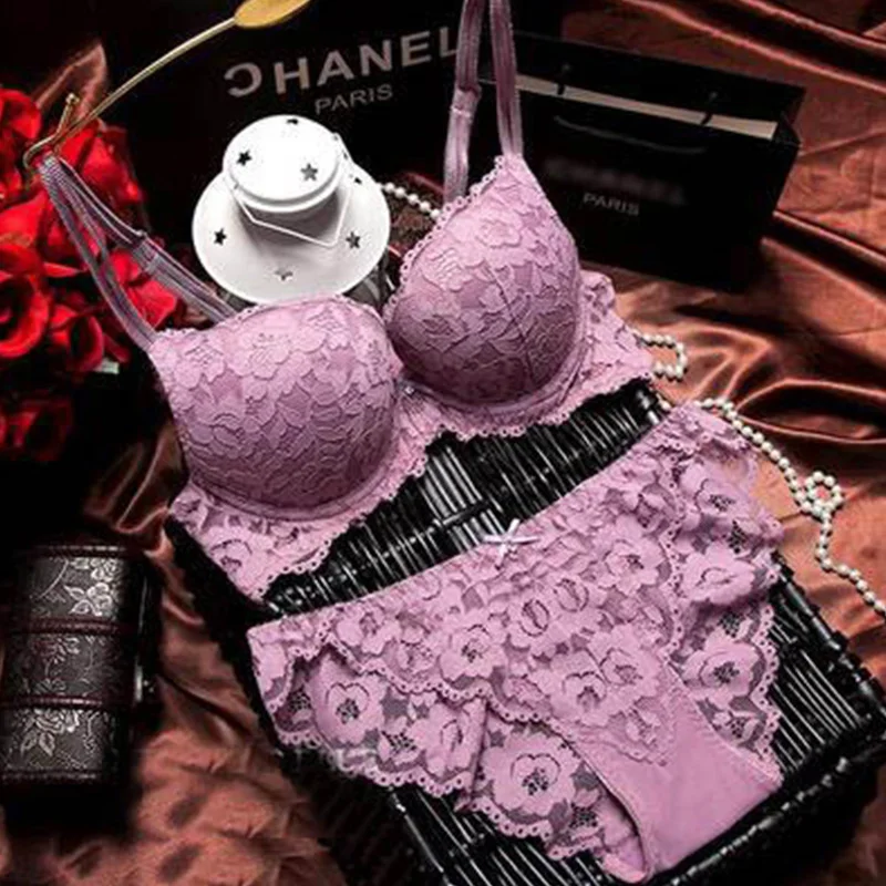 Sanderala Sexy Push Up Bra Set Deep V Brassiere Thick Cotton Women Underwear Set Lace Embroidery Flowers Lingerie for women