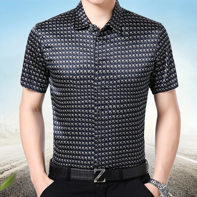 92% Silk Short Sleeved Shirt Men's Summer Thin Silk  Satin Shirt