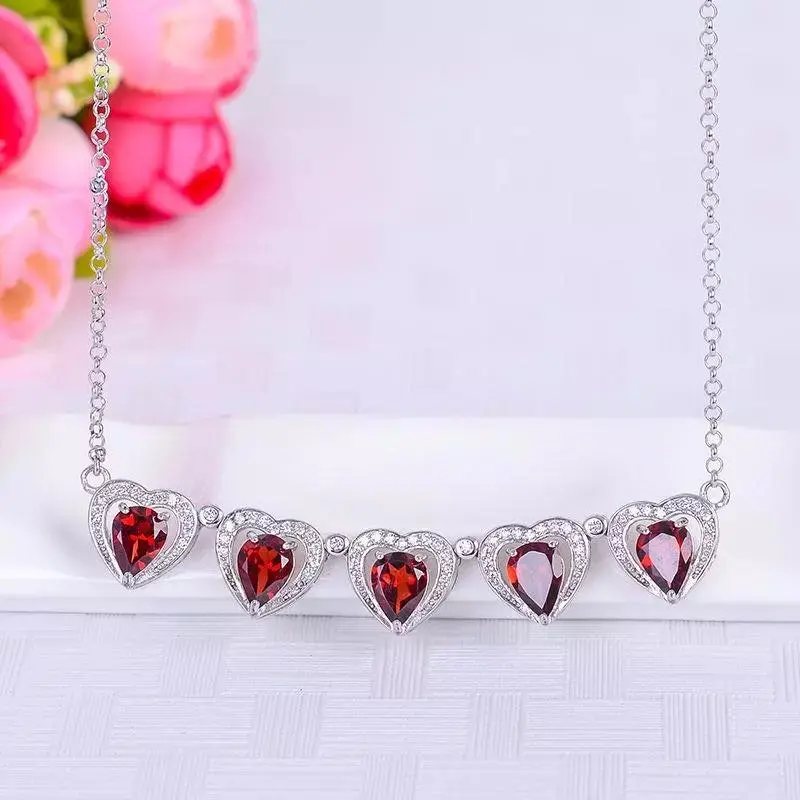 

transformable Red Garnet gemstone collarbone necklace for women pendant jewelry natural gem real 925 silver