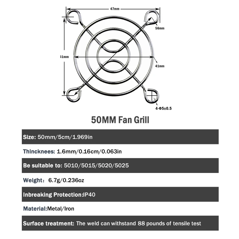 10 miếng 50mm Trường Hợp Máy Tính Quạt Làm Mát Bảo Vệ Ngón Tay Kim Loại Grill Bảo Vệ