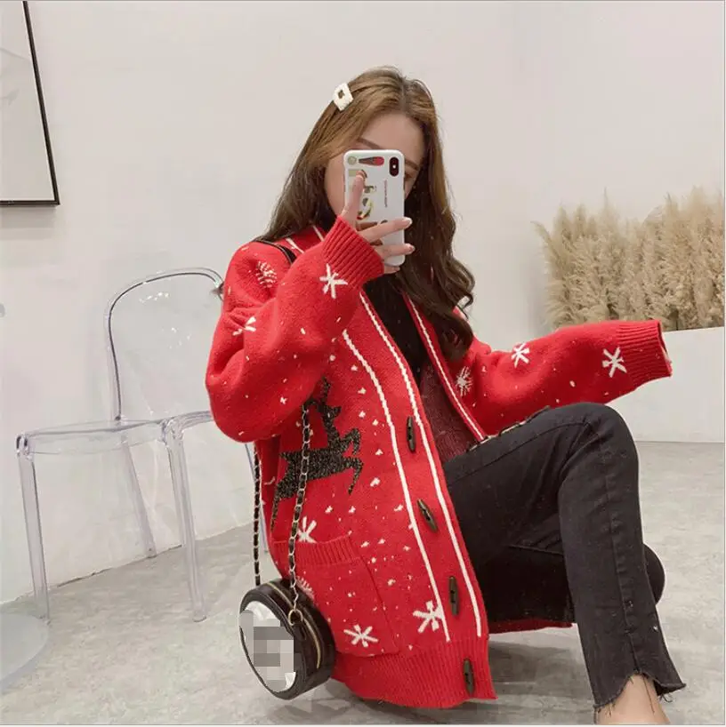 2019 spring thick sweater coat female Korean fashion casual deer print horn buckle knit cardigan loose lazy style sweater