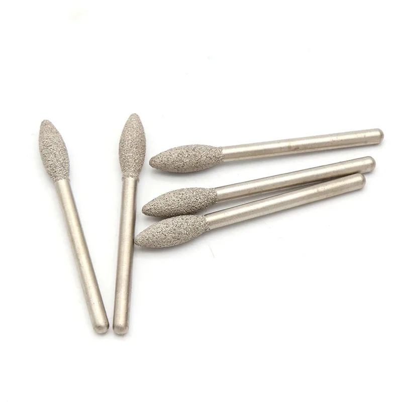 5 Buah 3Mm Kepala Bor Berlian Brazing Shank Panjang Zaitun Bentuk Burrs Ukiran Peeling untuk Logam Jade Kaca Batu Penggilingan Keramik