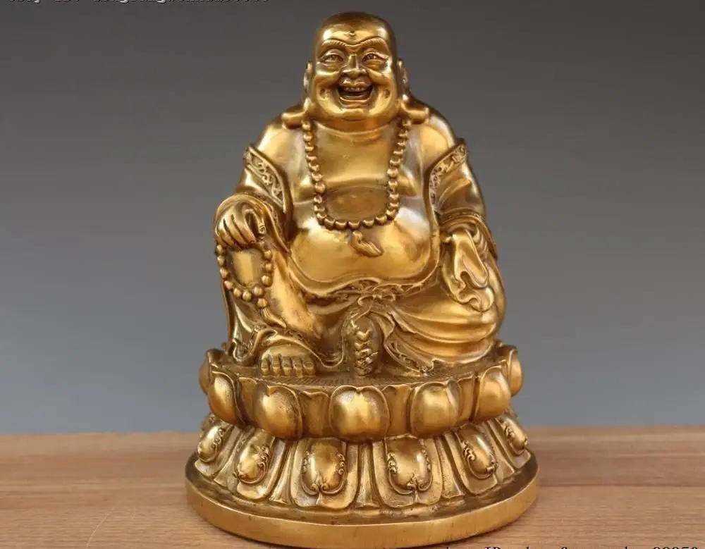 Marked China Buddhism Brass Copper Seat Lotus Happy Laugh Maitreya Buddha Statue