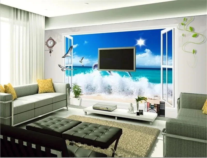 

Custom 3D Mural Wallpaper Window, Sea, Dolphins TV Backdrop Bedroom Photo 3D Wallpaper Home Decor Living Room Wall