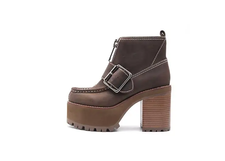 

Sestito Women Big Buckles Decorated High Platform Ankle Boots Ladies Round Toe Front Zip Casual Shoes Girls Square High Heels
