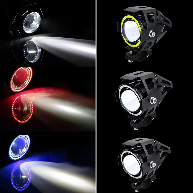 2PCS 125W Motorcycle Headlight w/ Angel Eye Devil Eye 3000LM moto spotlight U7 LED Driving Fog Spot Head Light Decorative Lamp