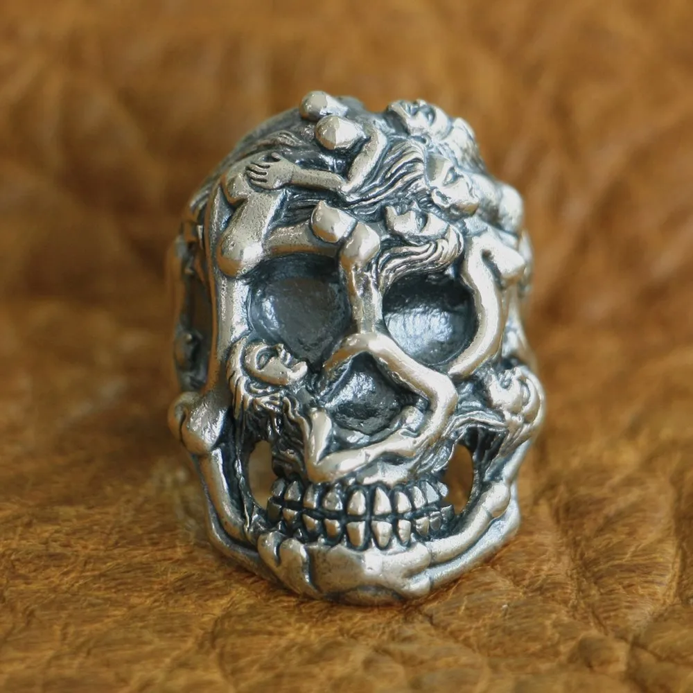 

LINSION 925 Sterling Silver Sexy Naked Grils Skull Ring Mens Biker Punk Ring TA122 US Size 7~15