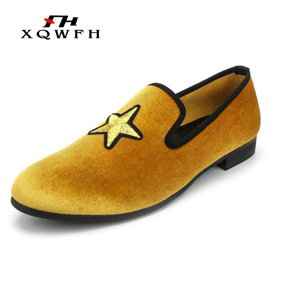 New Fashion Gold Velvet Men Loafers Handmade Embroidery Five-Pointed Star Men Dress Shoes Comfortable Men\'s Smoking Shoes