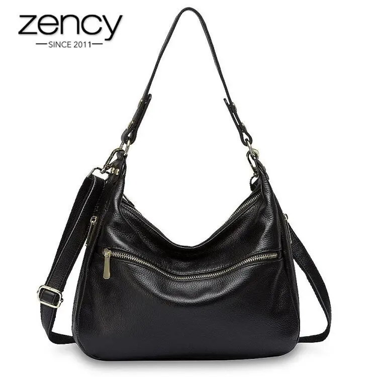 Zency Luxury Women Shoulder Bag 100% Genuine Leather Tote Handbag Large Capacity Hobos Fashion Lady Crossbody Purse Black Grey