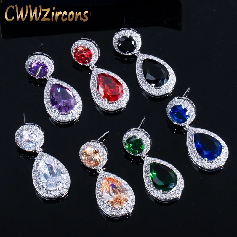 CWWZircons Brand Classic Red Purple Green 2.8 Carat Large CZ Crystal Long Drop Earrings For Women Fashion Zirconia Jewelry CZ014