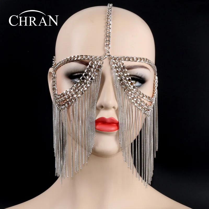 Chran New Sexy Women Multi Layer Tassel Head Chain Headdress Jewelry Forehead Headband Eye Cover Face Mask Body Jewelry CRB7140