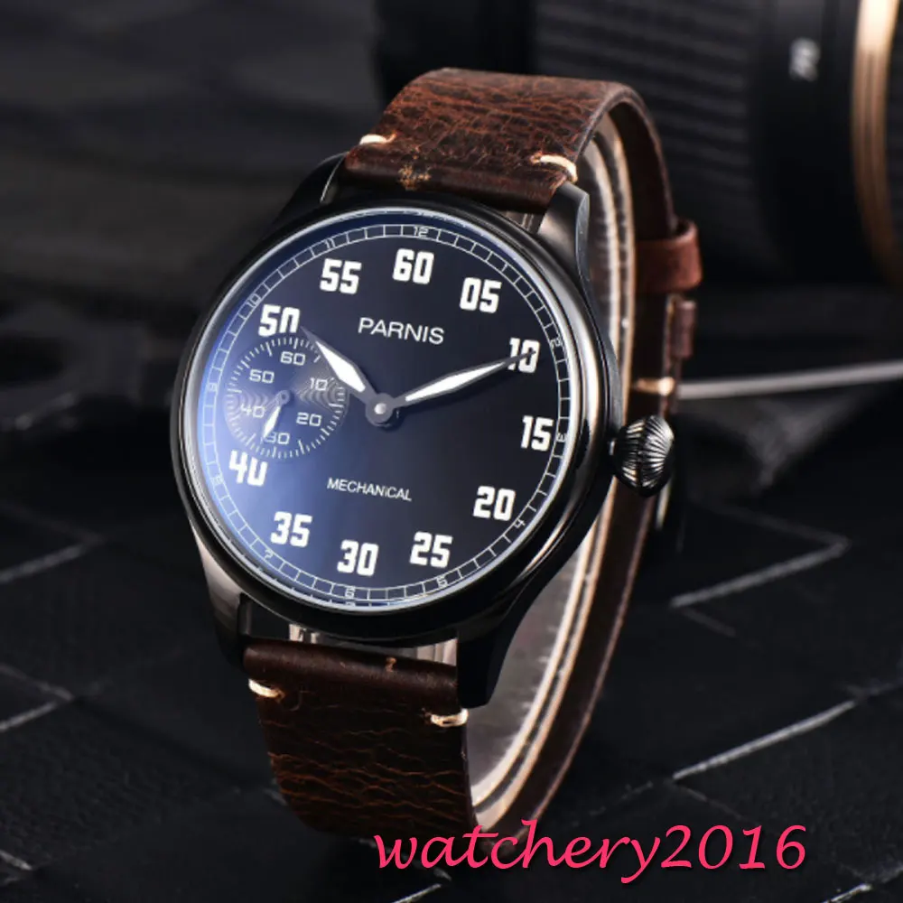 

Luxury Brand 44mm Issue Casual Man Watch Mechanical Hand Winding Watch Leather Parnis Hand Wind Mechaincal Watch 17 Jewels