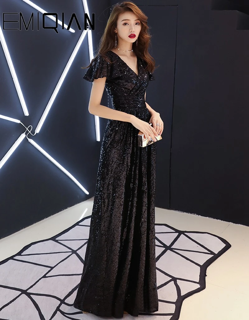 Sequined V Neck Party Banquet Evening Prom Dresses Cap Sleeve Black Long Formal Choir Dress