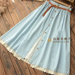 Mori Girl Casual Sweet Denim Skirt Women Clothes Belt Blue Lace Hem Female Vestido Mid Calf Skirt High Waist Jeans Skirts U157