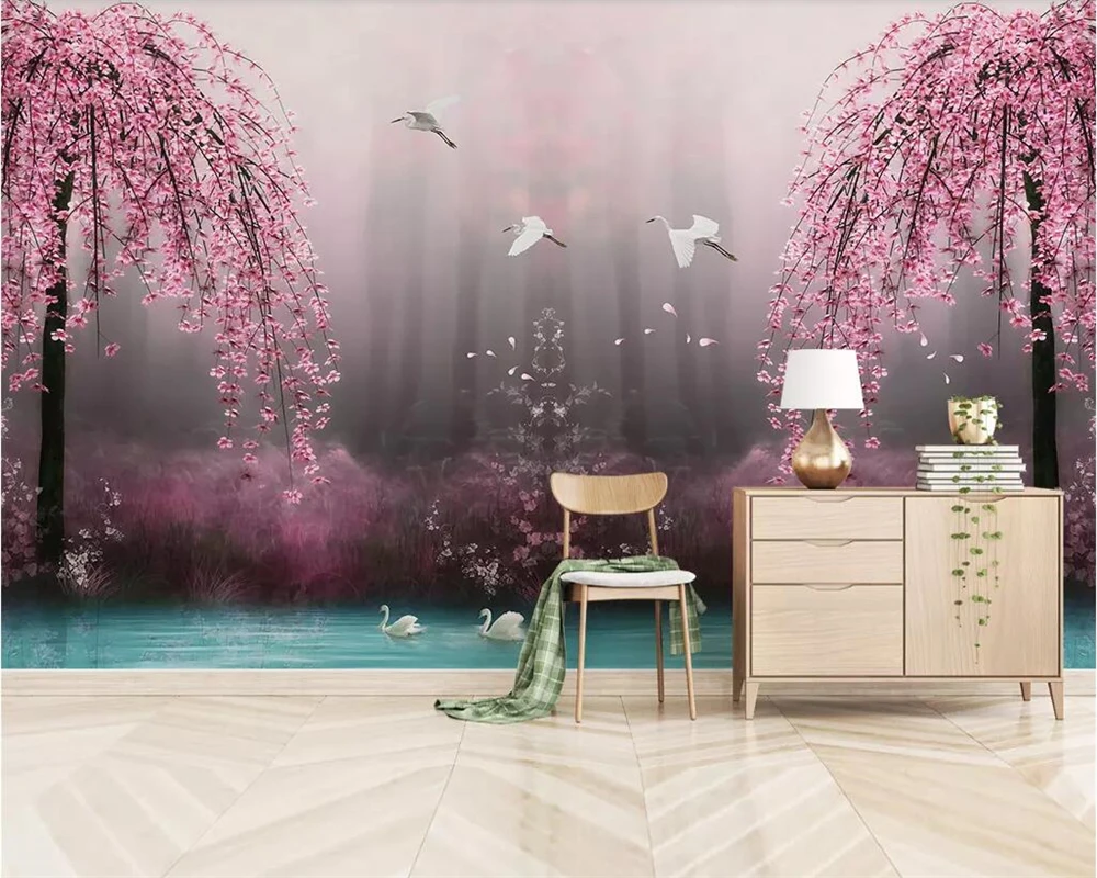 

Custom wallpaper beautiful dreamy pink cherry swan lake landscape TV background wall decoration 3d wallpaper mural