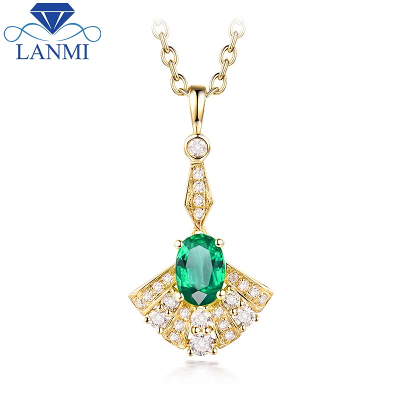 

LANMI Natural Diamond Gemstone Jewelry Good Quality Emerald Pendant Necklace in Solid 14K Yellow Gold Wholesale for Women