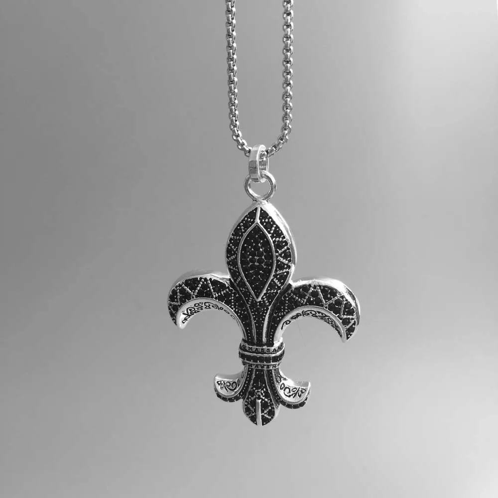 Pendant Fleur-de-lis Lily CZ Black Zirconia 925 Sterling Silver Fine Jewelry Fit Necklace Vintage Badge Gift For Men Woman
