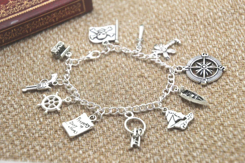 12pcs Pirates of the Caribbean Inspired Charm Bracelet Jewelry Silver Tone