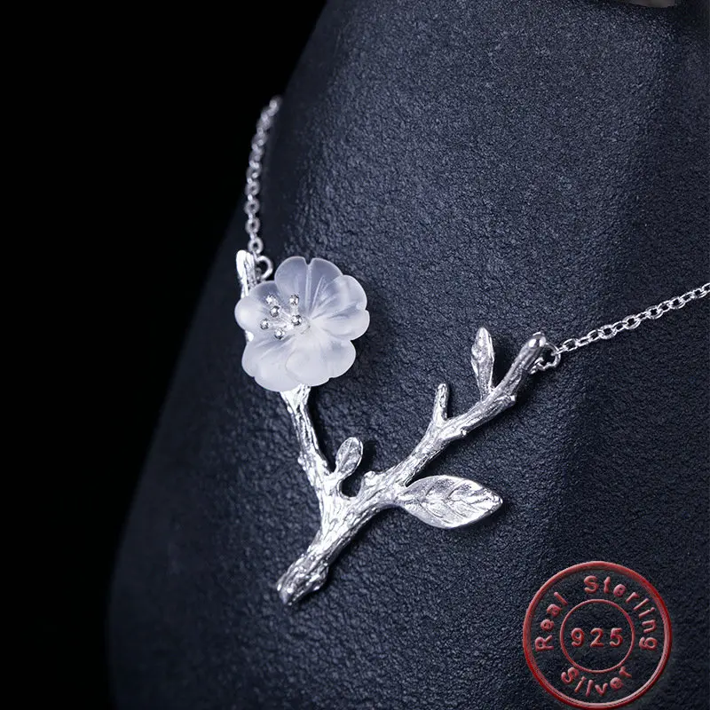 Amxiu Natural Crystal 925 Sterling Silver Necklace Branch Flower Jewelry For Women Girl Vintage Accessories Valentine's Day Gift